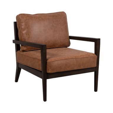 A brown leather armchair with a dark wood frame. The armchair features a plush seat cushion and a separate back cushion. The frame has a minimalist design with straight lines and tapered legs. — 3D model