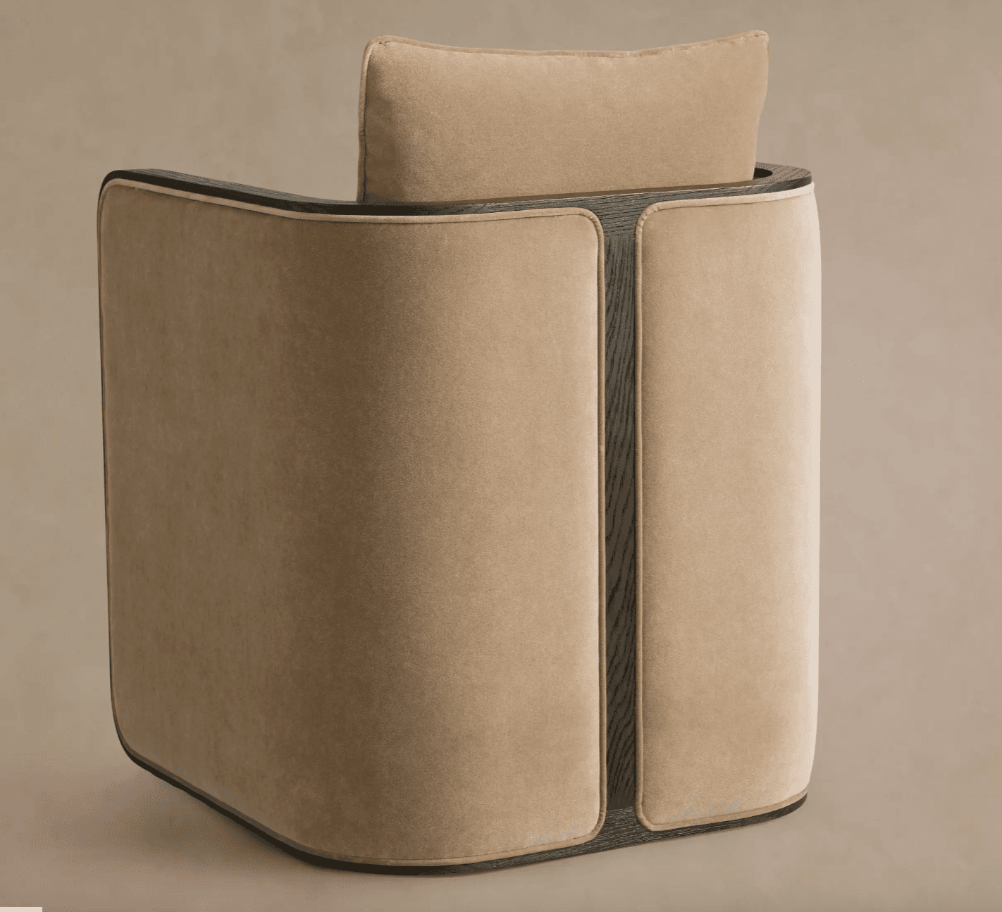A modern armchair with a curved back and a separate headrest cushion. The armchair features a velour-like fabric upholstery in a neutral beige tone, contrasted with dark wood accents framing the back and sides. The wood elements appear to have a subtle grain pattern. The overall design suggests a contemporary or transitional style. — 3D model