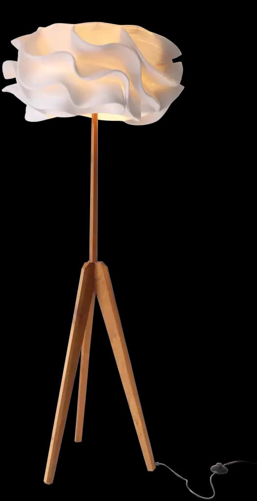 A floor lamp with a wooden tripod base and a white, sculptural lampshade. The lampshade features a layered, organic design reminiscent of petals or waves, allowing light to diffuse through its translucent material. The central stem is also wooden, supporting the lampshade. — 3D model