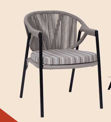 A modern armchair featuring a woven rope back and seat frame with a striped cushion. The frame appears to be constructed with dark metal legs and a rounded armrest and back structure. The seat is fitted with a plush cushion. — 3D model