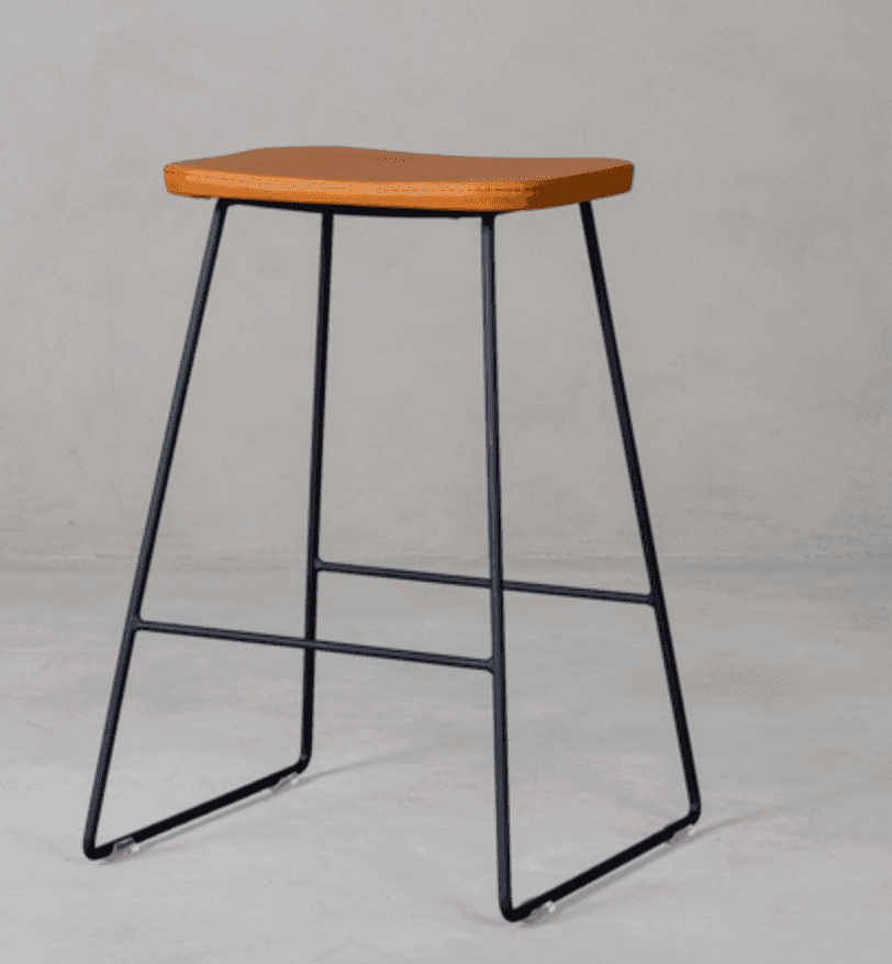 A modern bar stool featuring a rectangular, saddle-shaped seat upholstered in brown faux leather, supported by a minimalist black metal frame with integrated footrests. — 3D model