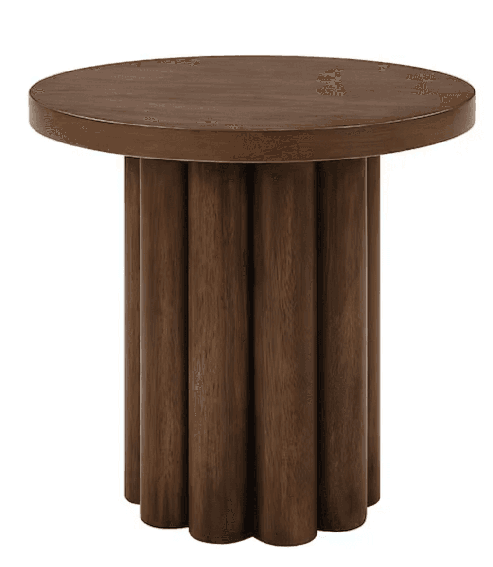 A round accent table made of dark-stained wood, featuring a circular top and a distinctive fluted cylindrical base composed of multiple vertical elements. — 3D model