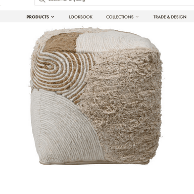 A cylindrical ottoman constructed with a patchwork design of woven jute and thick rope-like material. The patterns vary across the surface, featuring concentric circles and linear arrangements. The color palette is neutral, consisting of off-white and natural jute tones. — 3D model
