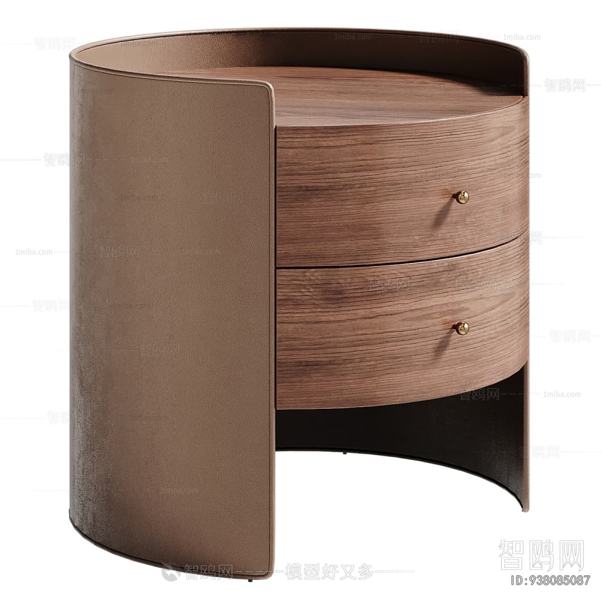 A contemporary D-shaped nightstand featuring a curved front with two wooden drawers and a flat back covered in textured brown leather or faux leather. The drawers have subtle horizontal wood grain and are adorned with small, round brass knobs. The top surface matches the drawer fronts. — 3D model