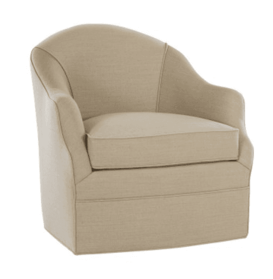 An upholstered barrel-shaped swivel armchair featuring a continuous curved back and integrated arms, a loose seat cushion, and a solid, fully upholstered base. The chair is covered in a light beige or neutral-colored woven fabric, with tailored piping detailing along the seams of the back and arms. Its design suggests a swiveling mechanism within the base, common for this style. — 3D model