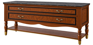 A traditional console table featuring a dark veined marble top, two burl wood drawers with ornate brass pulls, turned wooden legs with brass ferrules, and a lower open shelf with a brass accent rail. — 3D model