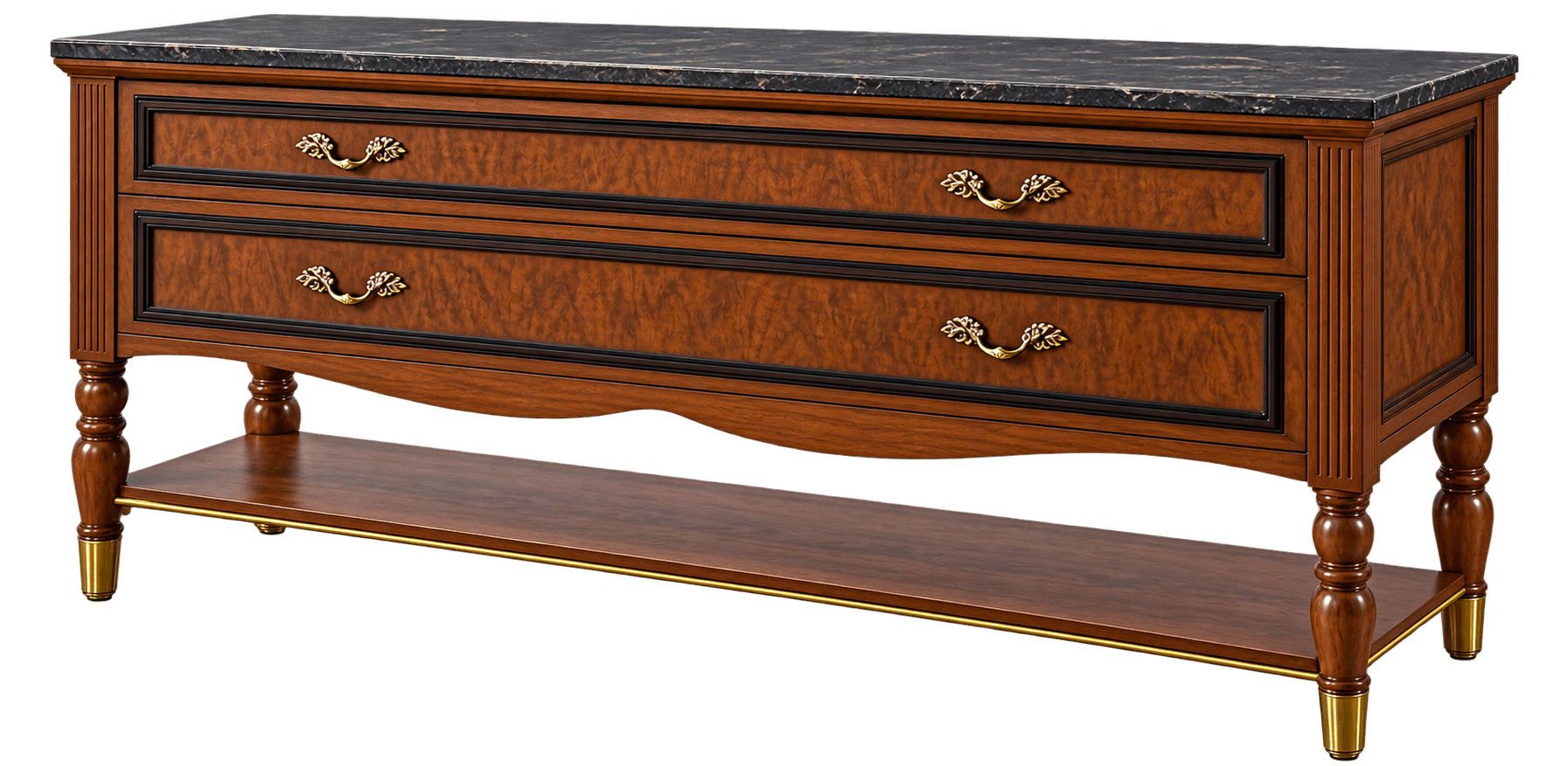A traditional console table featuring a dark veined marble top, two burl wood drawers with ornate brass pulls, turned wooden legs with brass ferrules, and a lower open shelf with a brass accent rail. — 3D model