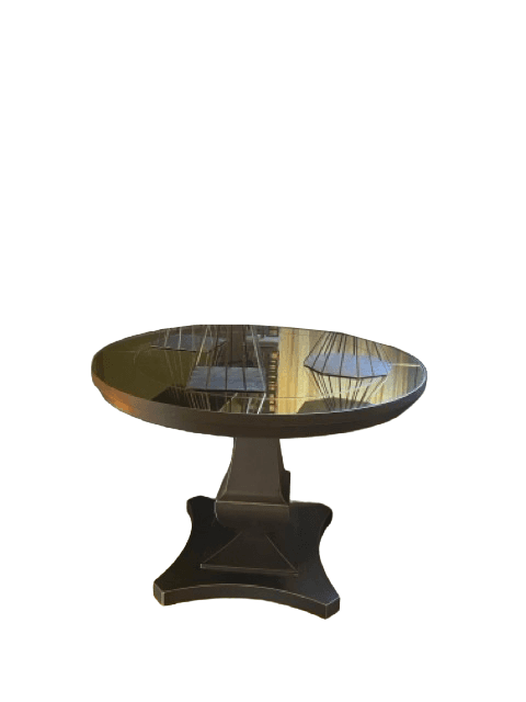A dark brown, round pedestal table with a single central support structure that flares out to a decorative base. The tabletop is circular and appears to have a smooth finish. — 3D model