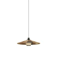 A contemporary pendant light featuring a wide, flat, circular shade crafted from intricately woven natural fibers. The shade displays a multi-color pattern, incorporating segments of brown, black, green, and natural beige, arranged in both concentric circles and radial stripes. A central, conical light diffuser, made of a light-colored fabric, is positioned underneath the main shade, suspended by a black cord. — 3D model