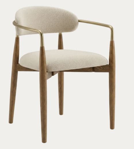A modern armchair with a curved backrest and a cushioned seat. The chair features a wooden frame with angled legs and rounded armrests. The armrests are accented with a thin, curved metal bar connecting the backrest to the front legs. The upholstery is a textured, light-colored fabric. — 3D model