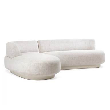 A contemporary modular sectional sofa, upholstered in a light, textured fabric, featuring a curved silhouette and an integrated chaise lounge. The sofa has a low, rounded profile with plush backrests and seats, resting on a recessed plinth base. — 3D model