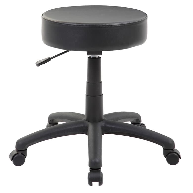 A black, round, upholstered stool featuring a pneumatic height adjustment lever and a five-star base with casters for mobility. — 3D model