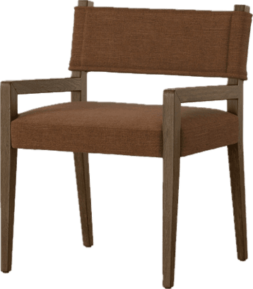 A wooden armchair with upholstered seat and backrest. The frame is constructed from dark brown wood, exhibiting a clean-lined, modern design. The seat and backrest are covered in a textured, reddish-brown fabric. The arms are integrated into the frame, extending from the backrest to the front legs. — 3D model