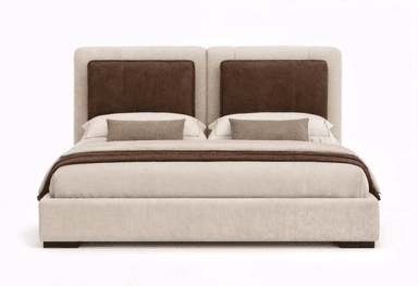 A modern upholstered platform bed with a full fabric-covered frame and a distinctive split headboard. The headboard features two separate rectangular panels upholstered in a darker, contrasting material, likely faux leather, set against the lighter fabric of the main headboard and bed frame. The bed is presented with neutral-toned bedding. — 3D model
