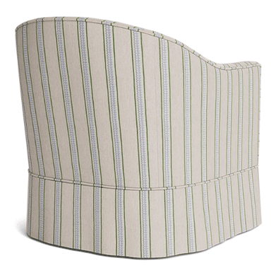 An upholstered armchair featuring a barrel back design, track arms, a loose seat cushion, and a tailored fabric skirt concealing the base. The fabric features a pattern of vertical stripes in cream, muted green, and light blue. — 3D model