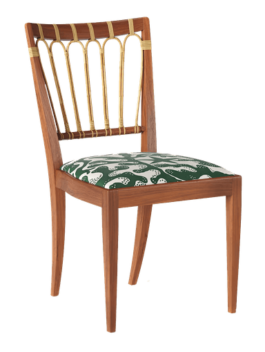 A wooden dining chair with a slatted back and an upholstered seat. The frame is constructed from wood, appearing to be walnut. The backrest features vertical wooden slats accented with a decorative brass or gold-colored metal element at the top and base. The seat is upholstered in fabric with a green background and a white abstract pattern resembling clouds or organic shapes. The legs are tapered and angled. — 3D model