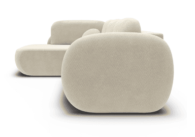 An L-shaped sectional sofa featuring a modern, plush design with rounded edges and soft, voluminous forms. It is upholstered in a light-colored, textured bouclé fabric and includes separate back cushions and two cylindrical accent pillows. — 3D model