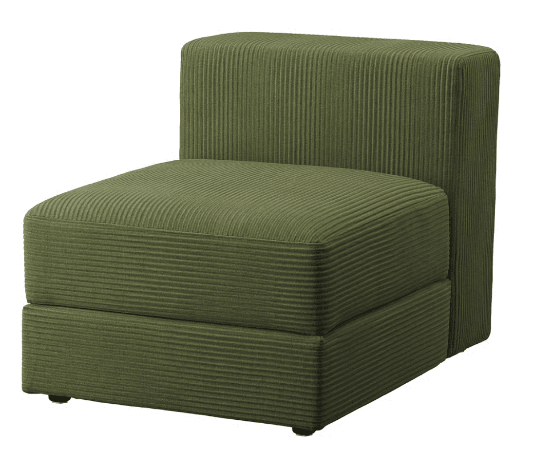 An armless modular seating unit upholstered in ribbed olive green corduroy fabric, featuring a contemporary blocky design with a low-profile base. — 3D model