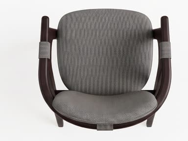 An overhead view of a contemporary armchair featuring a dark stained bentwood frame and grey upholstered seat and backrest. The design is sleek and modern, with the frame forming continuous armrests and supporting the padded elements. — 3D model