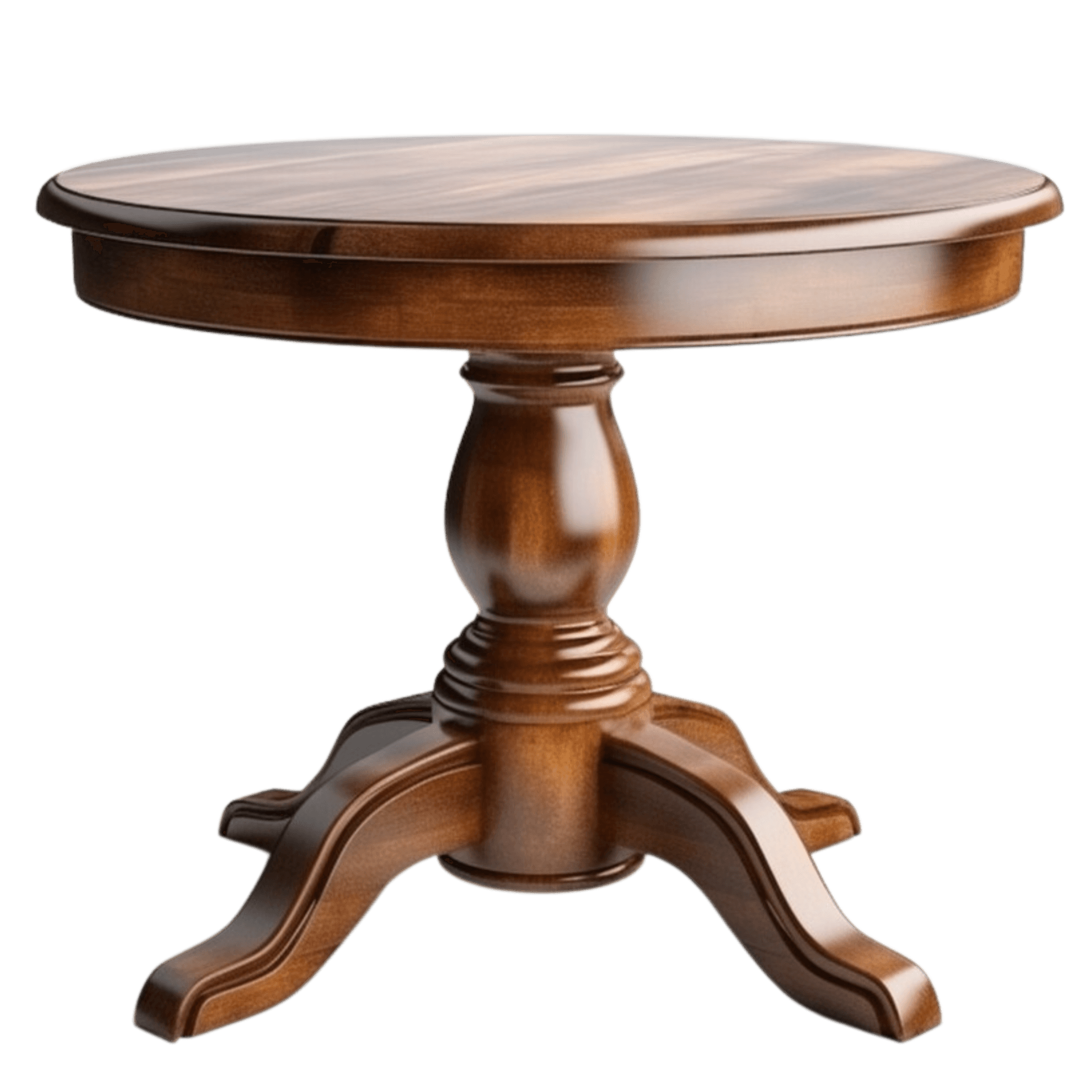 A dark brown, highly polished round wooden pedestal table. It features a central turned pedestal support that broadens towards the base, terminating in four elegant splayed and scrolled legs. The round tabletop has a gently curved edge profile, presenting a classic and refined aesthetic. — 3D model