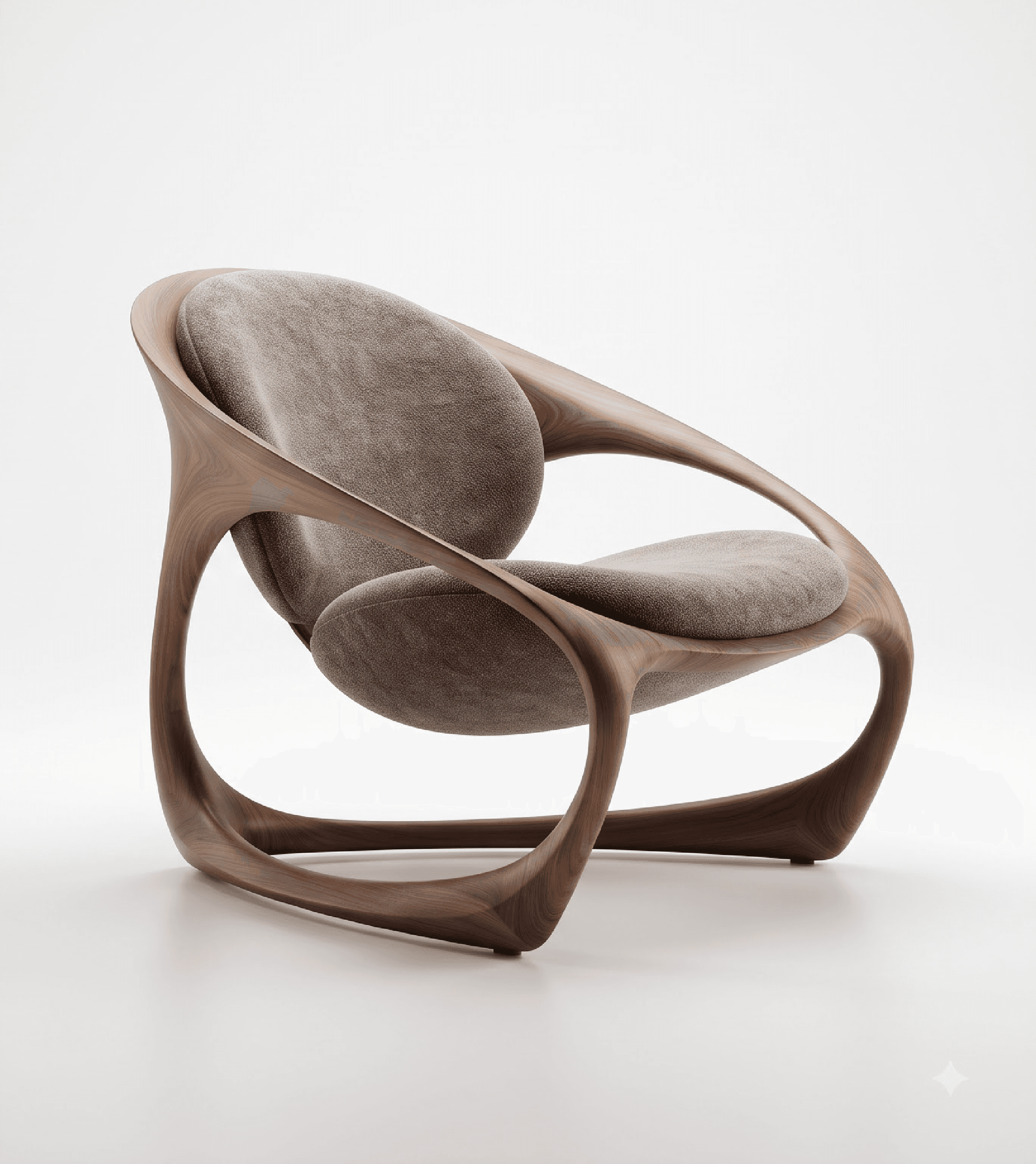 A modern lounge chair featuring a sculptural, organically shaped wooden frame crafted from dark-toned wood, likely walnut. The continuous, sweeping silhouette of the frame encompasses the seating area, which consists of two separate, plush upholstered cushions in a light gray or beige textured fabric. The design emphasizes smooth curves and fluid lines, creating an elegant and comfortable appearance. — 3D model
