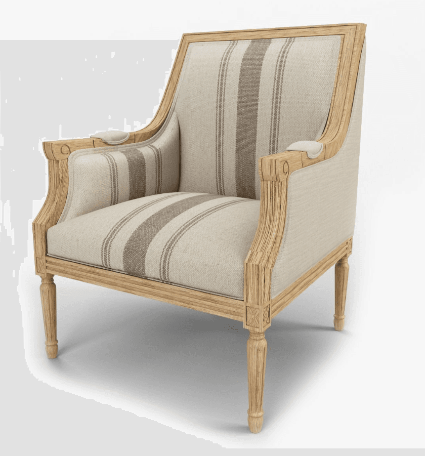 A single armchair featuring an exposed carved wooden frame and striped fabric upholstery, presented against a white background. — 3D model