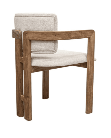 A modern armchair with a wooden frame and upholstered seat and backrest. The frame is constructed from light brown wood with a visible grain pattern. The seat and backrest are upholstered in a textured, light-colored fabric. The armchair features armrests integrated into the wooden frame, and a distinct segmented back cushion. — 3D model