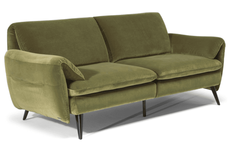A two-seater sofa upholstered in plush olive green velvet with distinctively rolled armrests and slender, tapered black legs. — 3D model