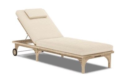 An outdoor chaise lounge featuring a natural light-toned wooden frame and thick cream-colored cushions. The backrest is adjustable via a metal mechanism, allowing for various reclining positions. It includes a small, rectangular headrest pillow. Two wheels are integrated into the frame at the head end for easy mobility, while the foot end rests on four sturdy legs with an arched design. The overall aesthetic is clean and functional, suitable for outdoor relaxation. — 3D model