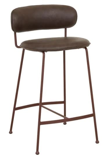 A dark brown upholstered bar stool featuring a slender, reddish-brown metal frame. The stool has a round, padded seat and a gently curved, padded backrest, both covered in a material resembling dark brown leather or faux leather. The metal frame consists of four splayed legs with an integrated footrest and small foot caps. — 3D model