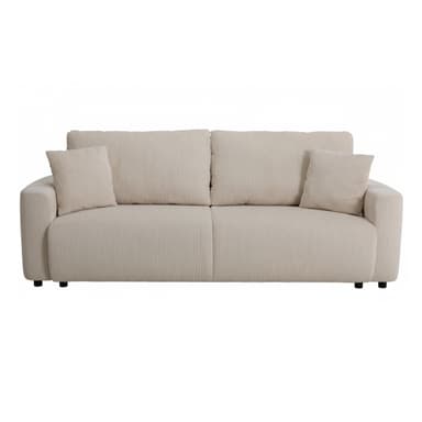 A contemporary three-seat sofa upholstered in light beige corduroy fabric, featuring thick cushions and block armrests. — 3D model