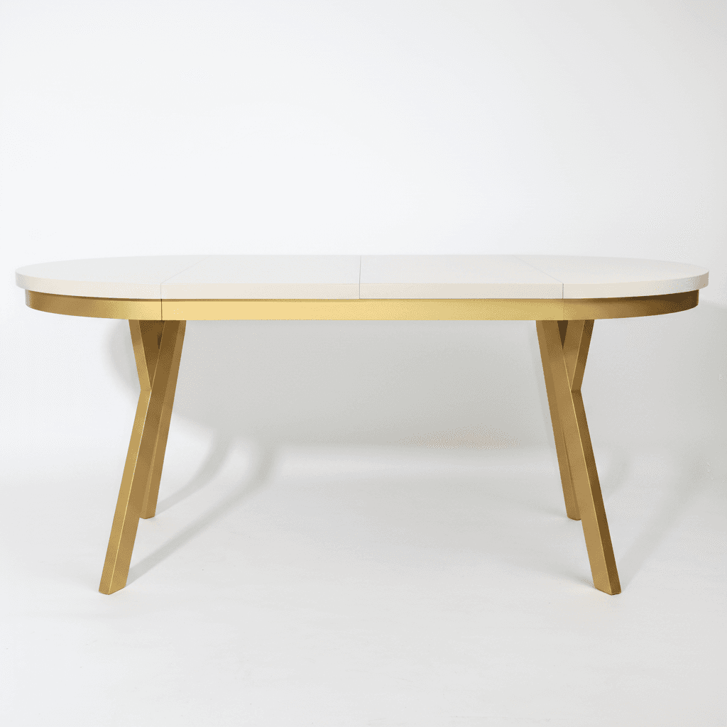An oval-shaped dining table with a cream-colored top and a metallic gold base. The table top appears to be segmented, suggesting it might be extendable. The base consists of two angled, V-shaped legs that meet in the center, providing a modern and somewhat sculptural aesthetic. — 3D model