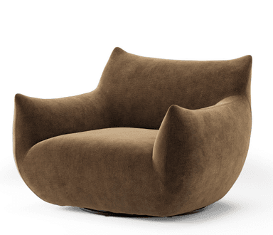A plush, upholstered armchair with a distinctive rounded silhouette and gently curved arms that taper to a point. The backrest is high and also curves inwards. The overall design suggests a modern, organic aesthetic. — 3D model