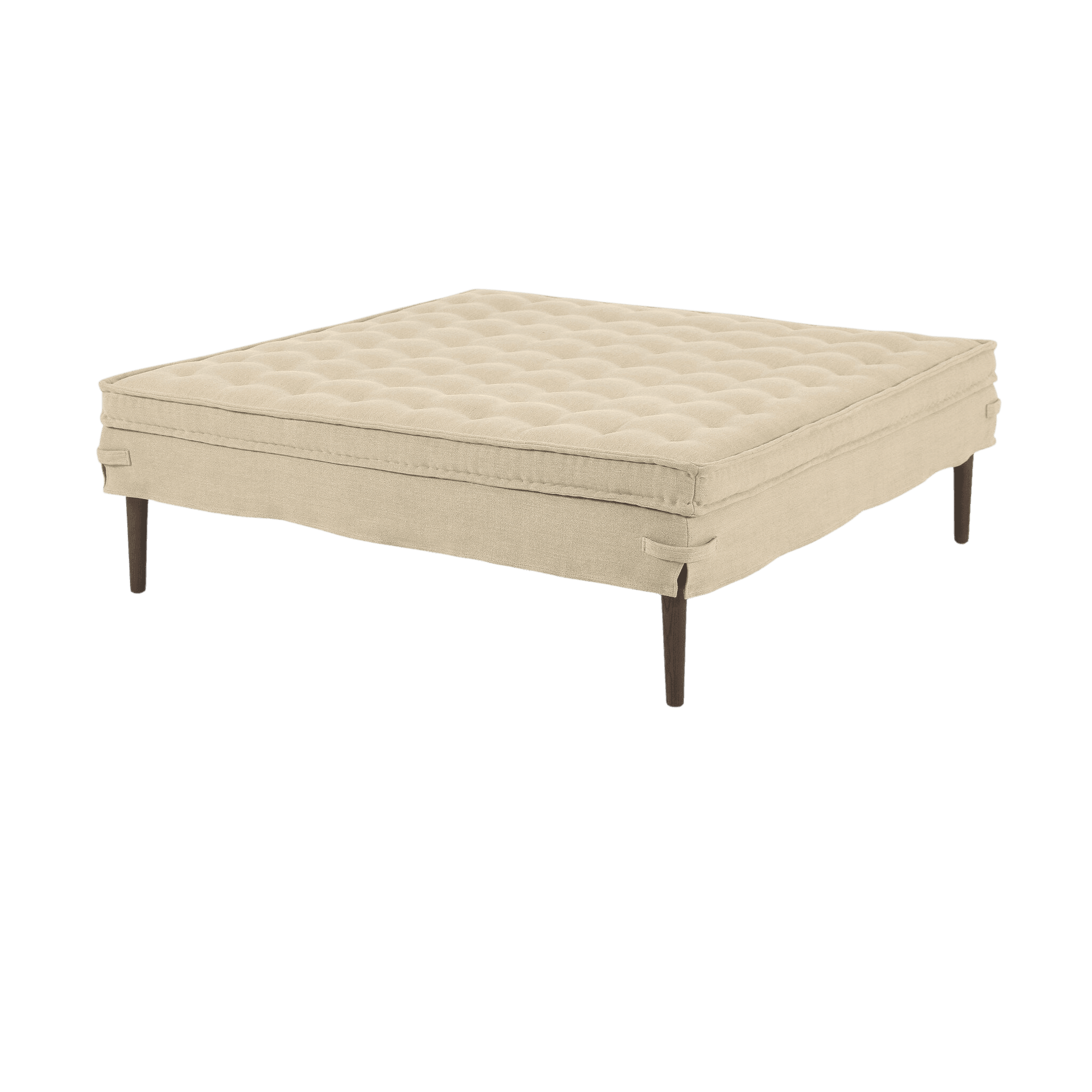 A square, tufted ottoman with a neutral-toned fabric upholstery and dark wooden legs. The ottoman features a button-tufted top surface with a grid pattern. The sides are upholstered and have a skirt-like finish that reaches down towards the legs. Two fabric loops are visible on each side of the skirt. — 3D model