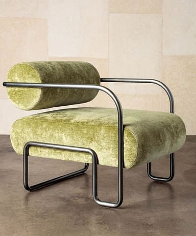 A contemporary armchair featuring a plush, cylindrical backrest and seat upholstered in a textured, olive-green velvet fabric. The armchair is supported by a minimalist, dark metal frame with curved legs and armrests. The design combines soft, rounded forms with a linear, industrial-inspired base. — 3D model