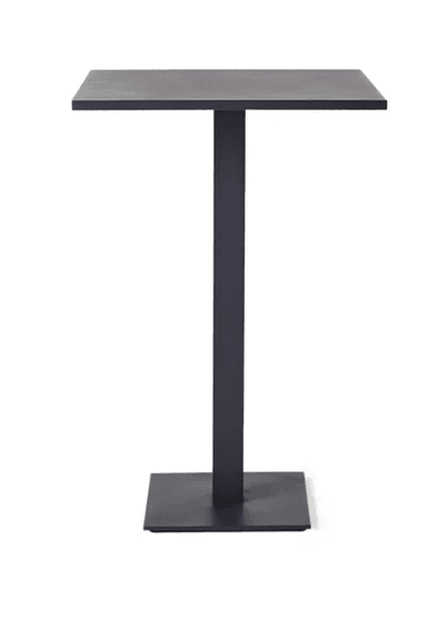 A tall, rectangular bar table featuring a minimalist design with a dark, possibly black or dark grey, finish. It consists of a flat rectangular tabletop, a thick central rectangular pedestal, and a square base plate, all in a cohesive monochromatic color. — 3D model