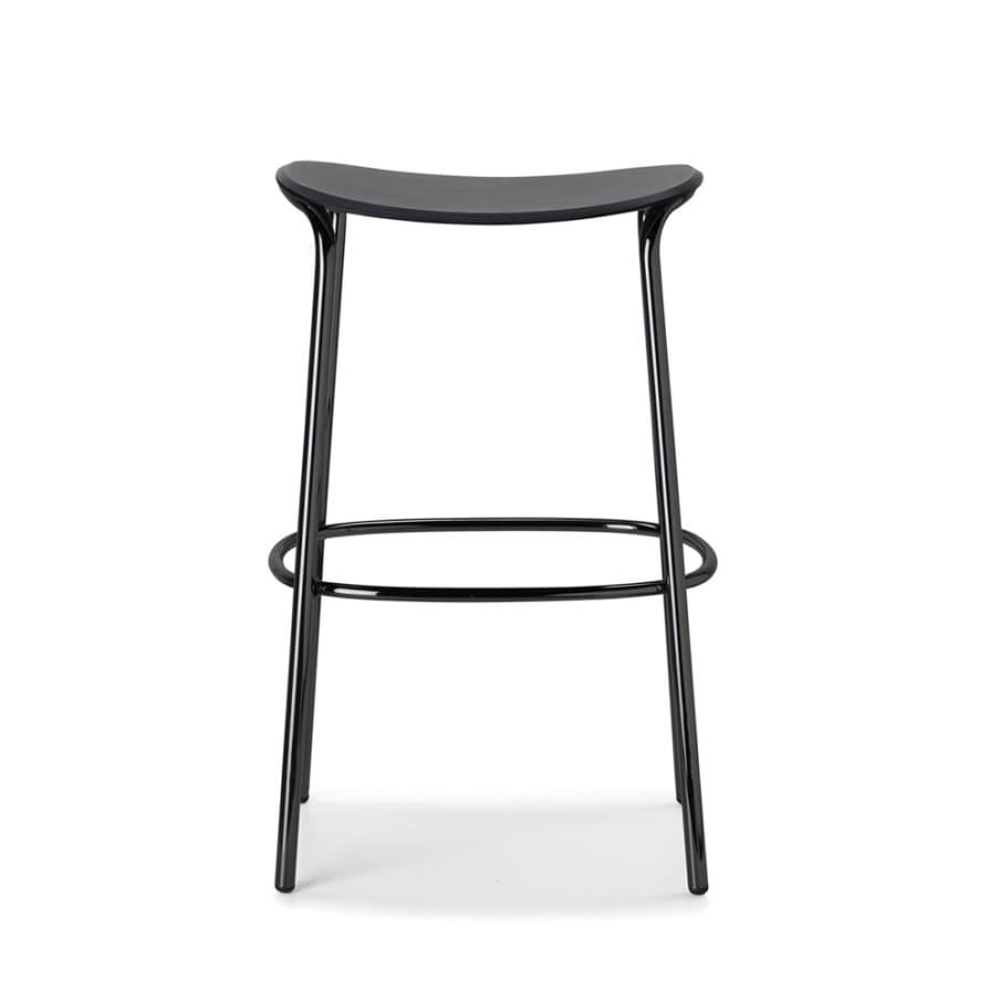 A black bar stool with a curved seat and four slender legs. The legs are connected by a circular footrest. The stool has a modern, minimalist design. — 3D model