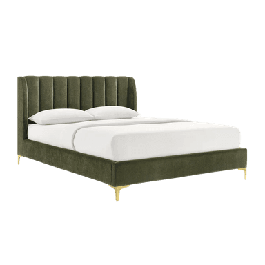 A dark olive green upholstered platform bed featuring a tall, wingback-style headboard with vertical channel tufting. The bed frame is also fully upholstered in the same dark green fabric. It stands on four tapered, gold-finished metal legs, giving it a contemporary and luxurious appearance. The bed is presented with white bedding and two white pillows. — 3D model