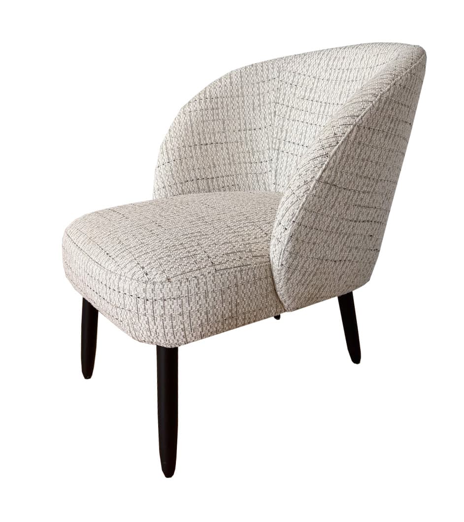 A upholstered armchair with a curved back and seat, supported by four tapered wooden legs. The upholstery features a subtle textured weave in light neutral tones with a grid pattern of thin dark lines. — 3D model