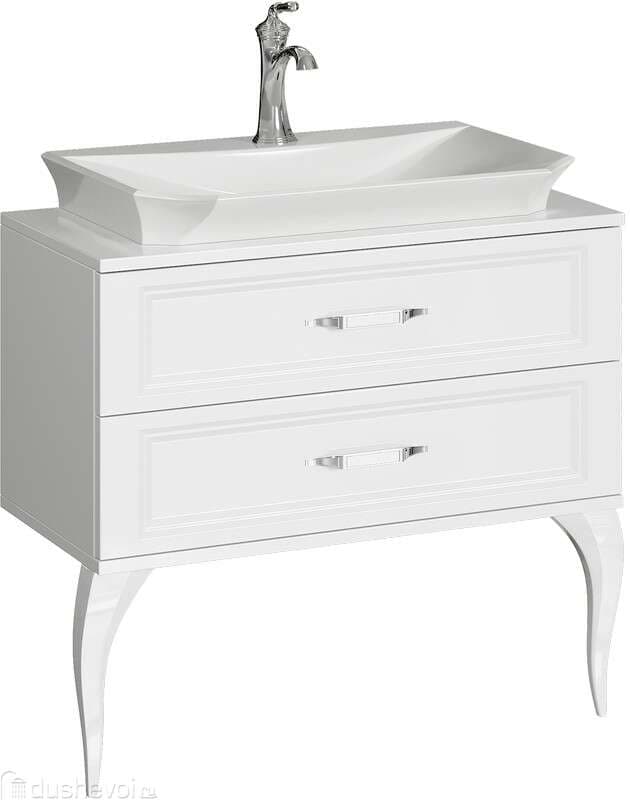 A white freestanding bathroom vanity featuring a rectangular ceramic vessel sink mounted on top of a cabinet with two drawers. The vanity has curved cabriole-style legs and is equipped with a chrome-finished faucet and coordinating drawer pulls. The drawer fronts have recessed panel detailing. — 3D model