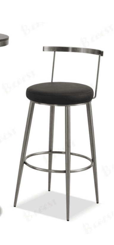 A contemporary bar stool featuring a round, black upholstered seat and a minimalist metal frame. It includes a curved metal backrest, four splayed tapered legs, and a circular footrest for stability and comfort. The metal has a brushed or matte silver/grey finish. — 3D model