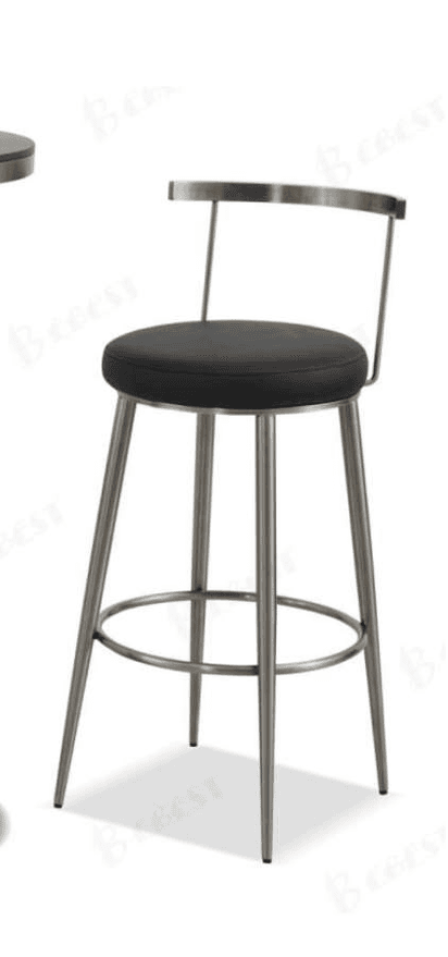A contemporary bar stool featuring a round, black upholstered seat and a minimalist metal frame. It includes a curved metal backrest, four splayed tapered legs, and a circular footrest for stability and comfort. The metal has a brushed or matte silver/grey finish. — 3D model