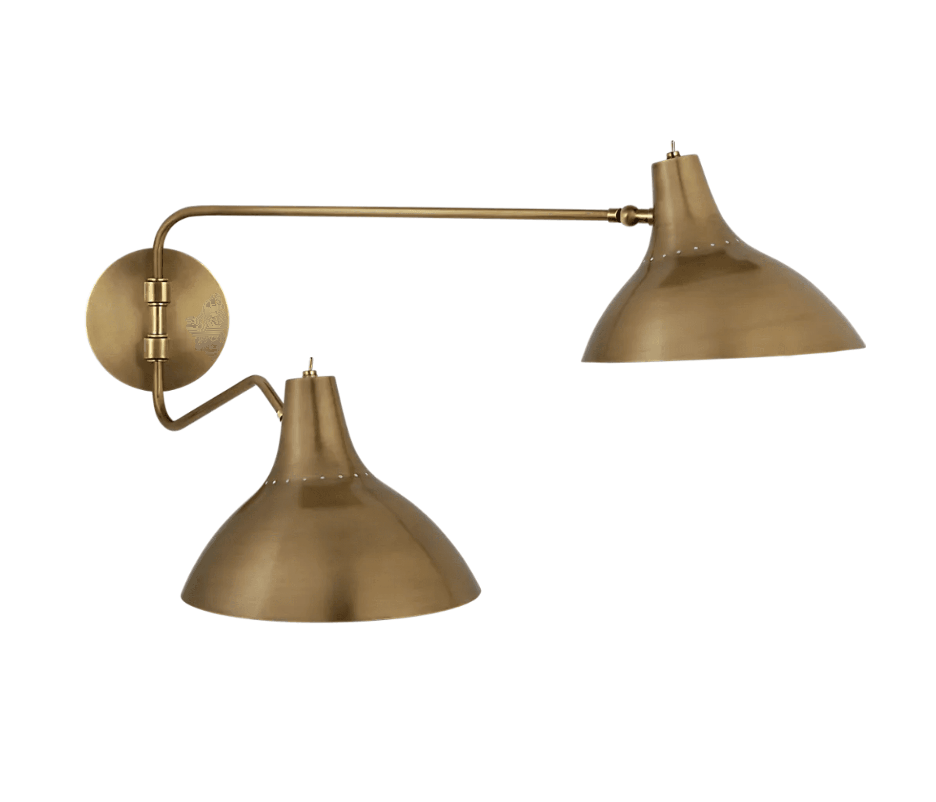A two-light wall sconce featuring a brushed brass finish and articulated swing arms. Each arm supports a conical, bell-shaped metal shade with small decorative rivets along the rim. The fixture is mounted on a circular backplate, allowing for independent adjustment of each light head. — 3D model