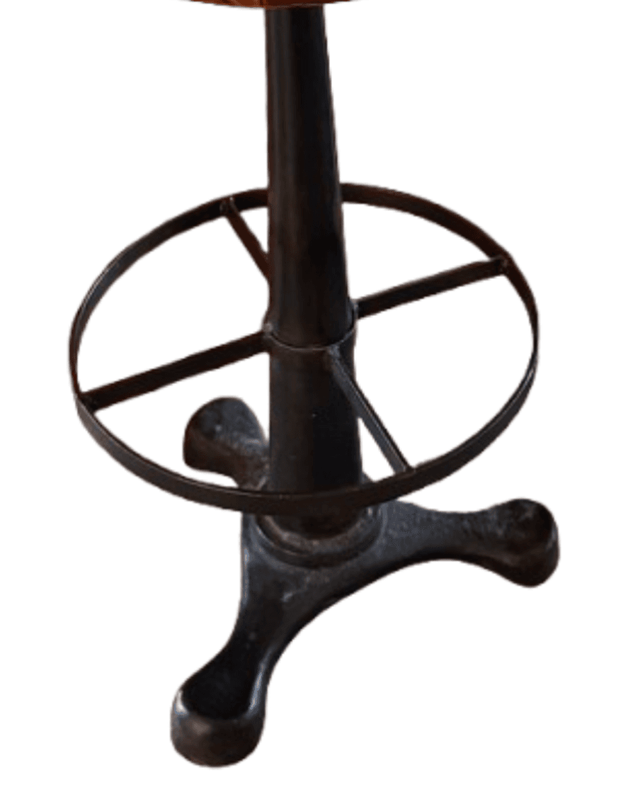 The image displays the lower section and base of an industrial-style bar stool. It features a heavy, dark-finished cast iron construction with a sturdy central pedestal shaft. The base is triangular with three splayed, rounded feet for stability, and a circular footrest is integrated into the shaft, characteristic of a tall seating design. — 3D model