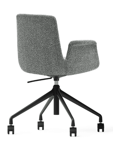 A modern office chair with a high back and integrated armrests. The seat and back are upholstered in a textured grey fabric. The base consists of a central column supporting a five-star leg system, each leg fitted with a caster wheel for mobility. — 3D model