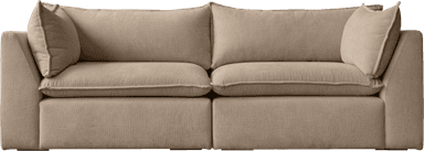 A contemporary two-seater sofa upholstered in a light beige or greige textured fabric. It features a clean, low-profile base, broad track arms, and plush, overstuffed seat and back cushions. The design emphasizes comfort and a relaxed modern aesthetic. — 3D model