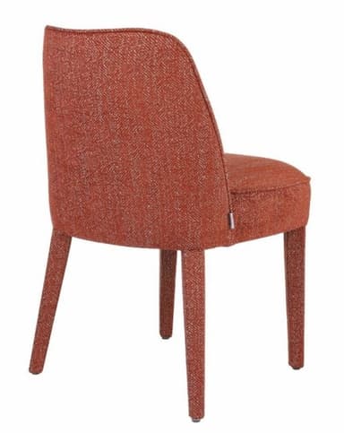 A side chair with a curved backrest and a upholstered seat. The chair has four tapered legs and is covered in a textured orange fabric with a subtle geometric pattern. — 3D model