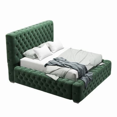 A tufted upholstered bed frame with a high headboard and a matching footboard. The upholstery features deep button tufting across the entire surface of the headboard and the side rails and footboard. The bed is dressed with white bedding and a dark grey throw blanket. — 3D model