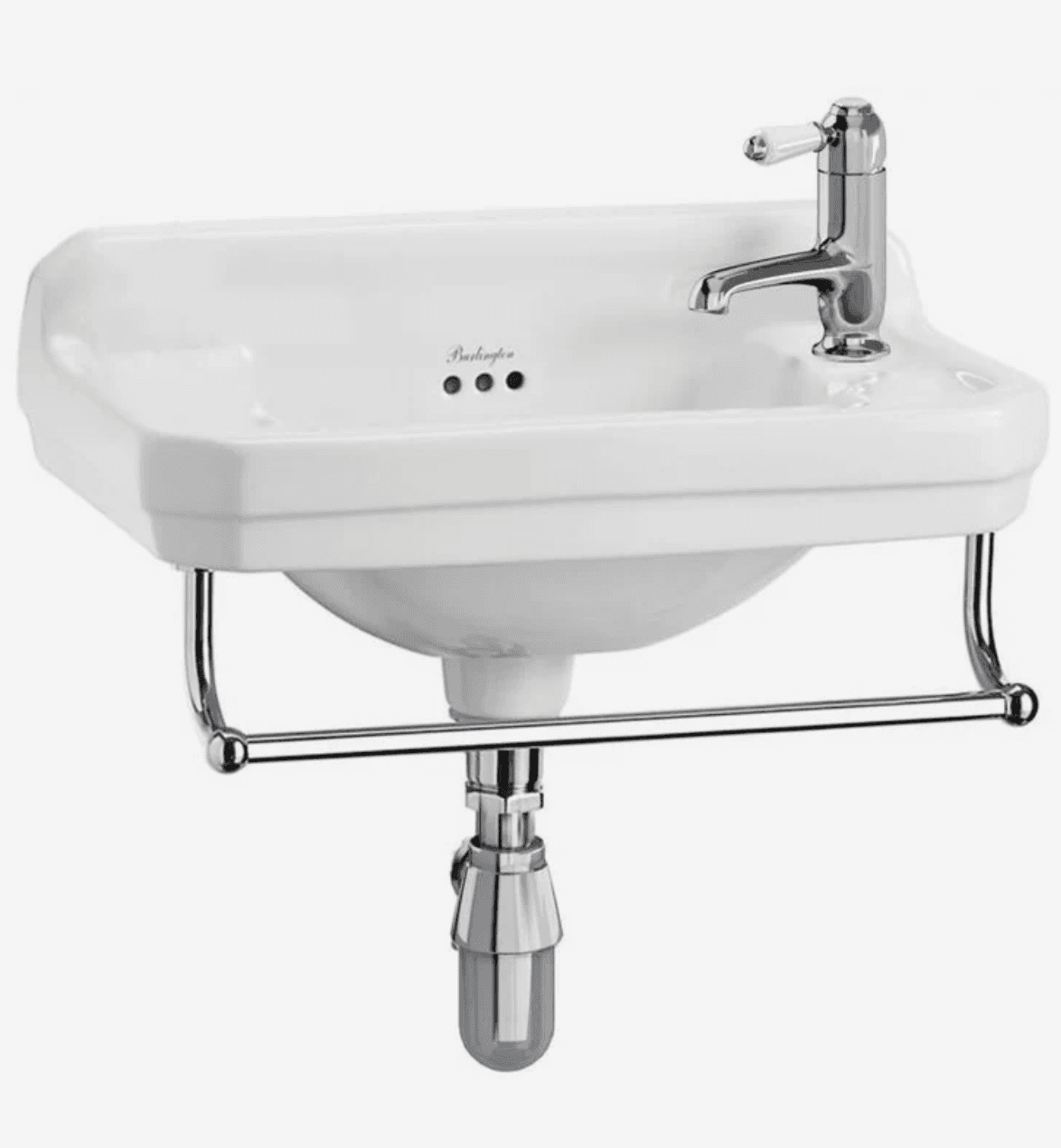A white ceramic wall-mounted bathroom sink featuring an integrated chrome towel rail and a single-hole chrome mixer faucet with a white ceramic lever handle. The sink includes an exposed chrome P-trap and an overflow drain. The design is traditional, with stepped edges and a curved basin. — 3D model