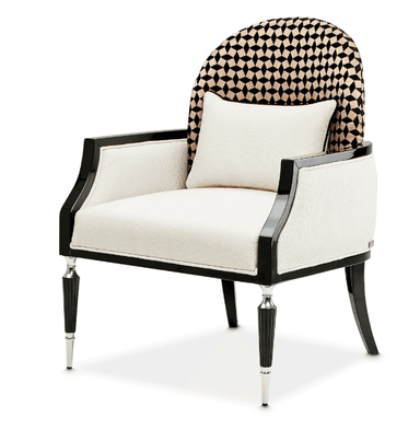 A contemporary barrel-back accent chair featuring a glossy black lacquered wood frame and striking geometric patterned upholstery. The chair's back and sides are encased in a lighter, solid-colored fabric, while the inner backrest cushion boasts a bold black and beige rhomboid pattern. The legs are tapered, finished in black lacquer, and fitted with metallic silver caps. — 3D model